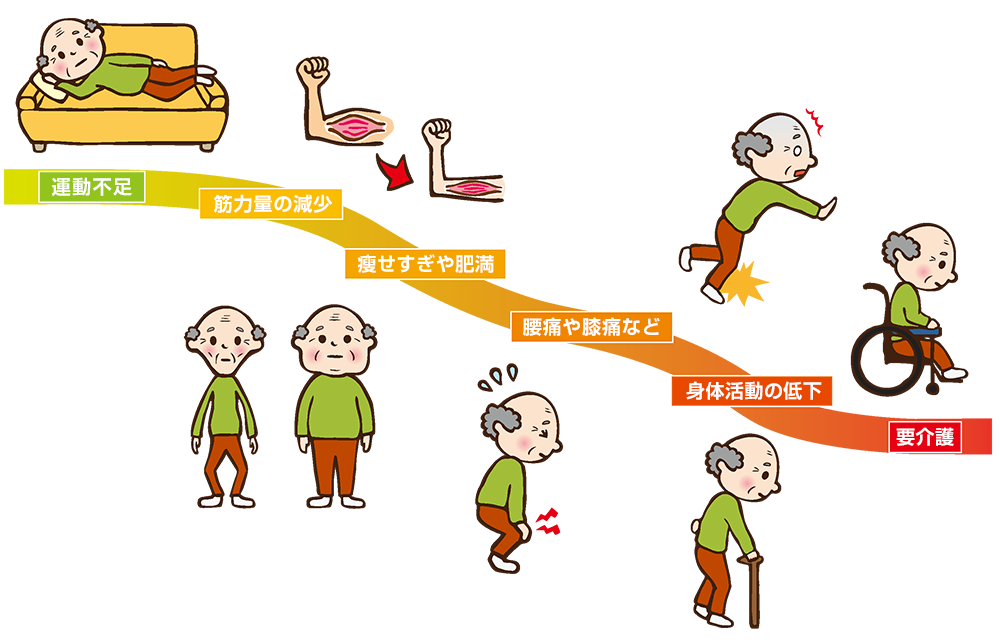 運動不足・筋力低下から始まる要介護までの流れ